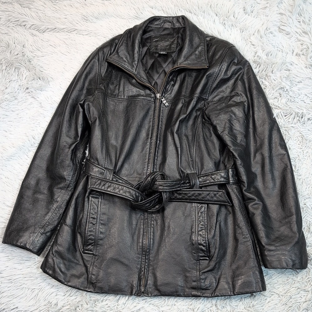 Kathy Ireland Jacket Womens M Black Leather‎ Coat Belt Pockets Zip Up Softshell